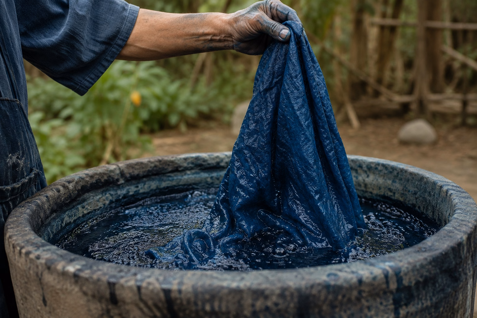 Hand-dyeing cloth in an indigo vat
