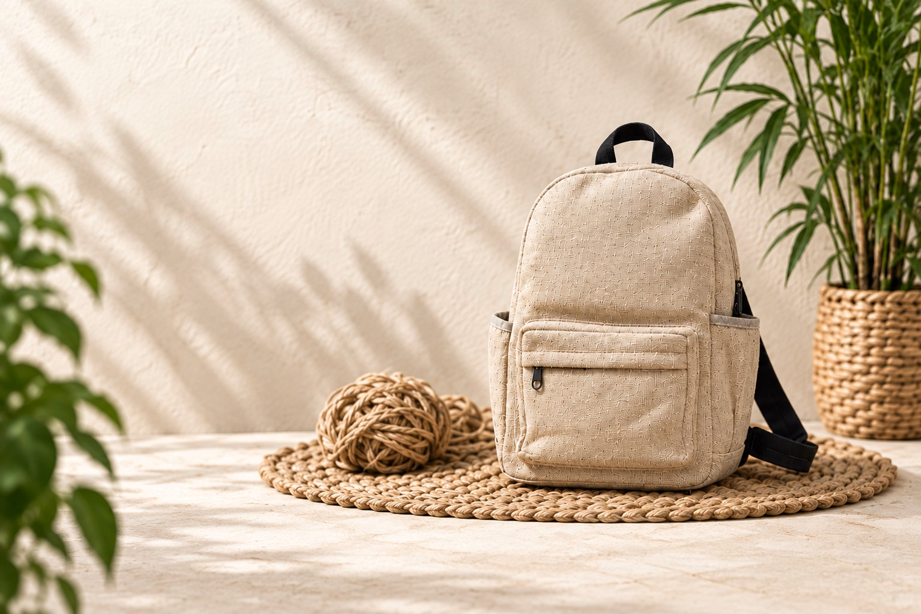 Cream hemp daypack styled with natural fibres and leafy plants