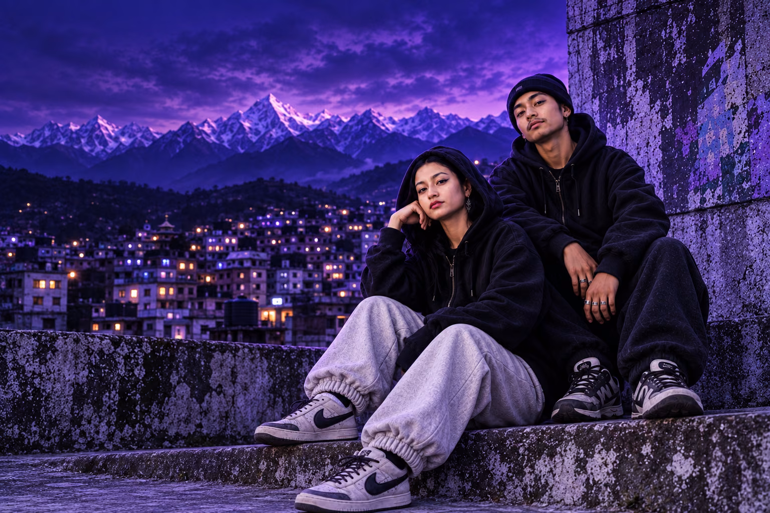 Two models in casual streetwear above a Himalayan town at dusk