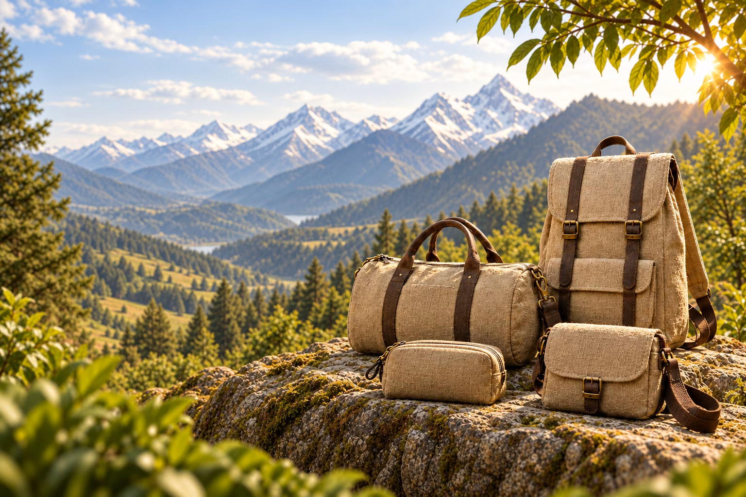 Natural-fibre backpack, tote and pouches against a mountain backdrop