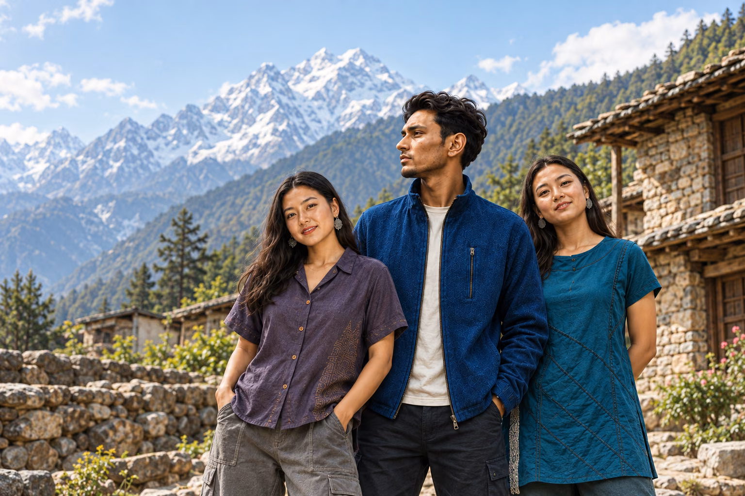 Three models wearing Shambala clothing in a Himalayan village
