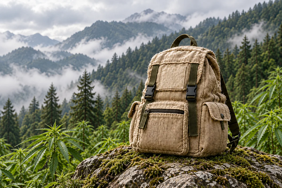 Textured hemp backpack resting on moss in a misty mountain forest