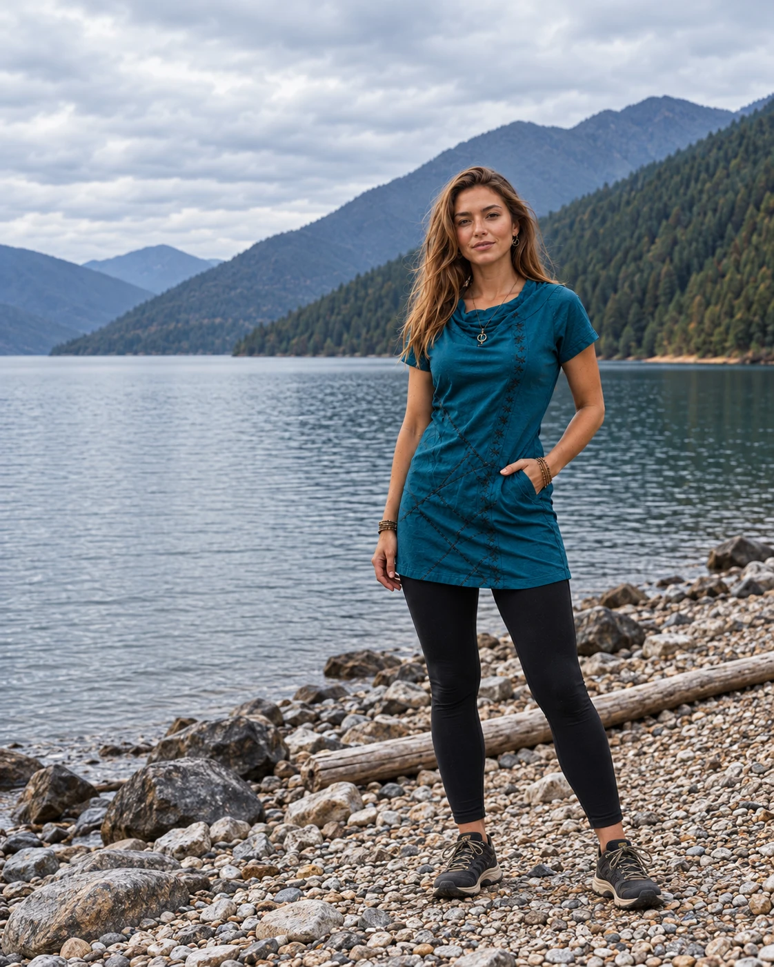 Woman in a teal hemp tunic standing beside a mountain lake