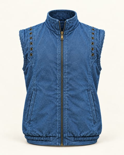 Studded zip vest in blue, front view
