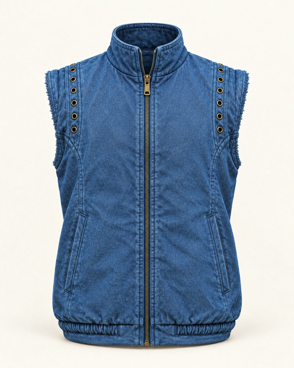 Studded zip vest in blue, front view