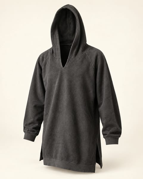 Longline pullover hoodie in charcoal, front view