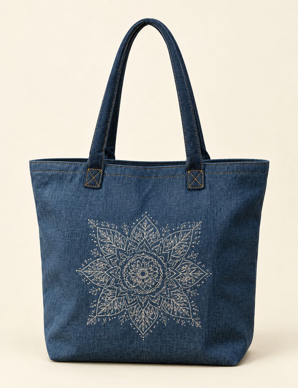 Mandala shoulder tote in denim / blue, front view