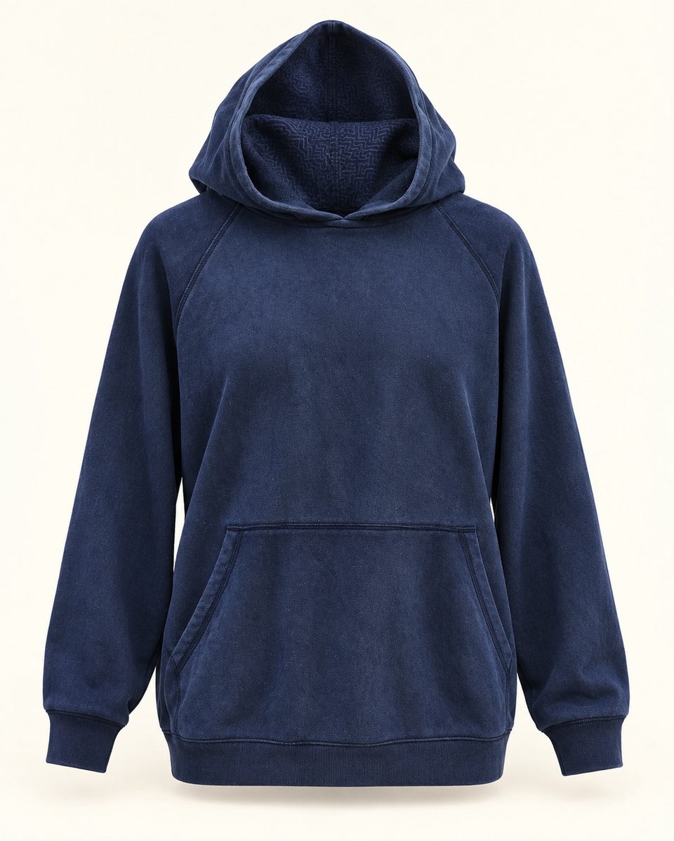 Pullover hoodie in navy, front view