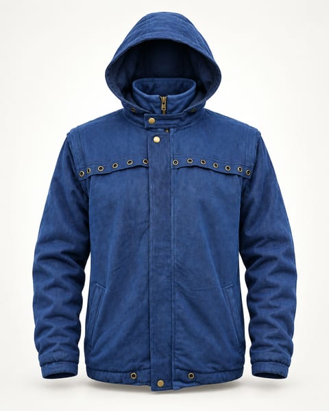 Snap hooded jacket in cobalt / blue, front view