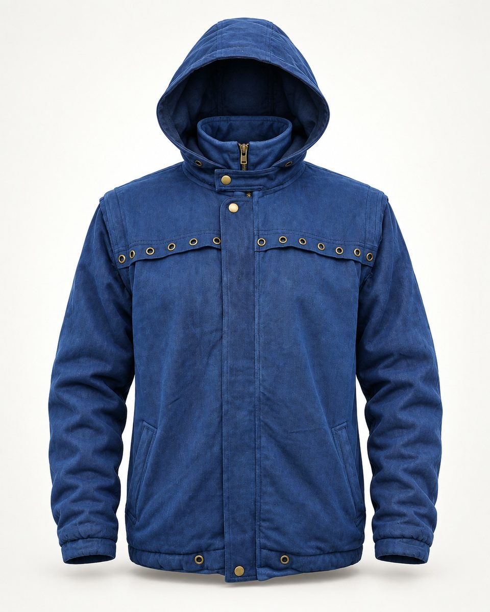 Snap hooded jacket in cobalt / blue, front view