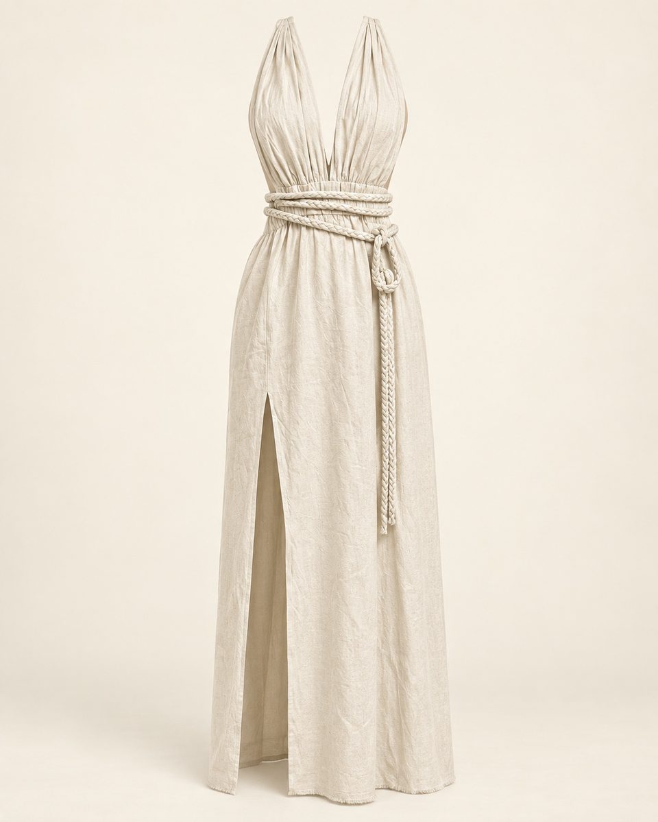 Halter split maxi dress in ivory, front view