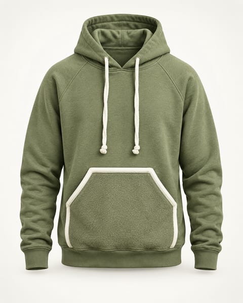 Contrast pocket pullover hoodie in olive, front view