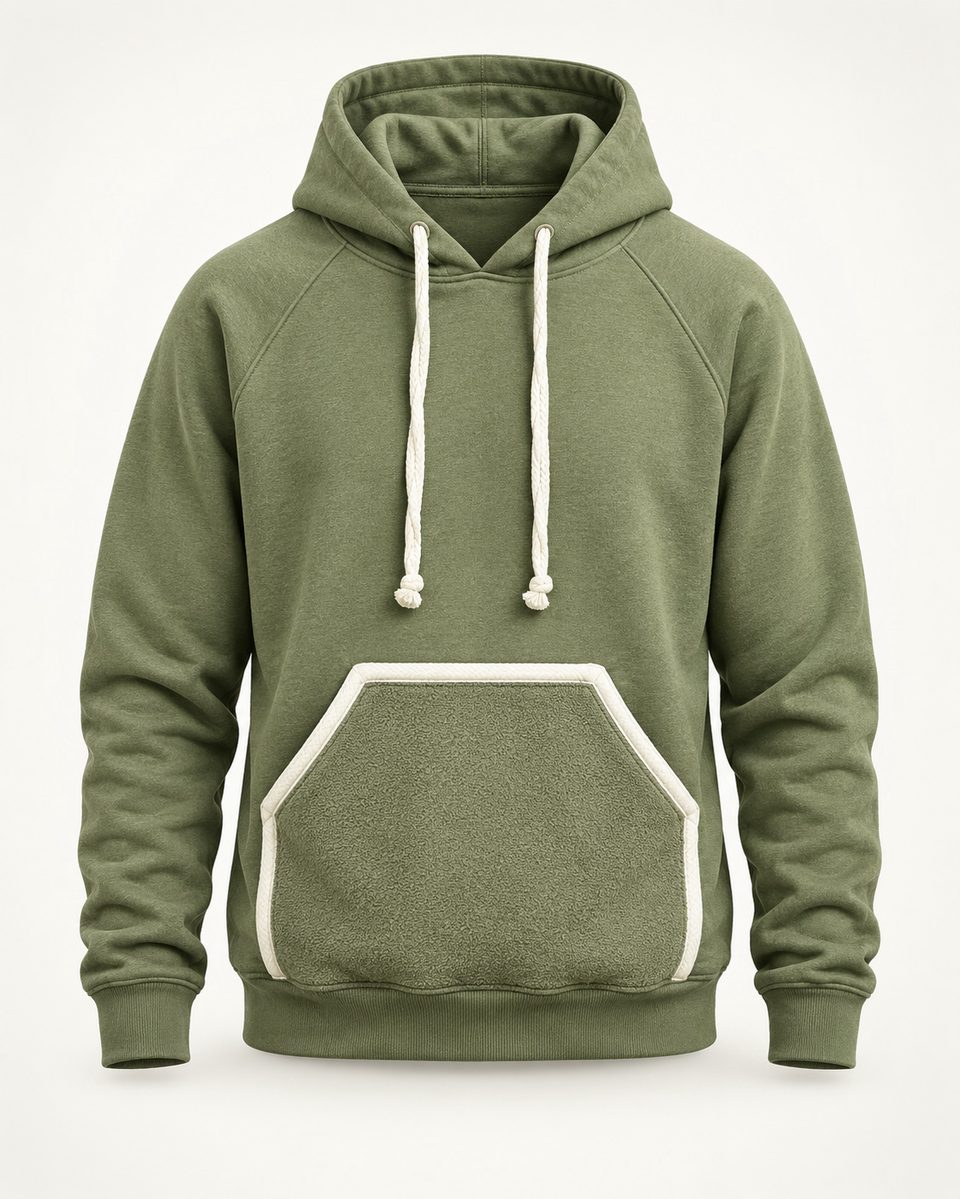 Contrast pocket pullover hoodie in olive, front view