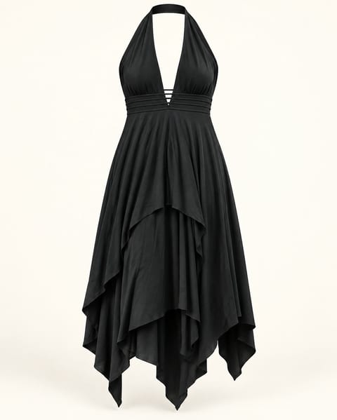 Halter handkerchief dress in black, front view