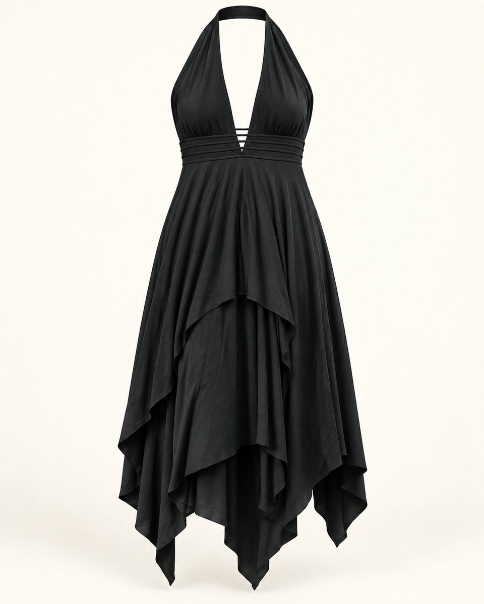 Halter handkerchief dress in black, front view