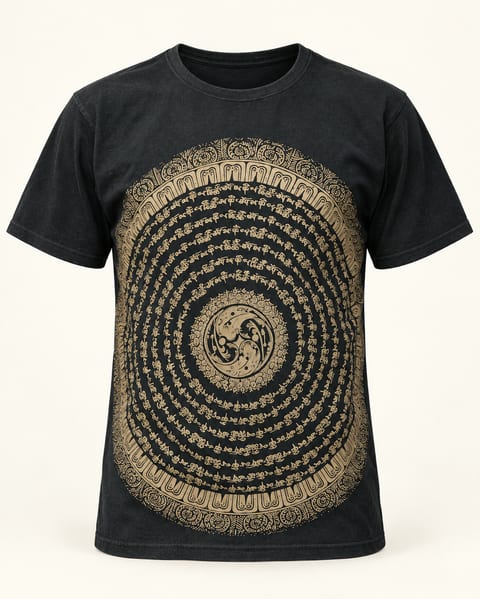 Mandala print tee in black, front view