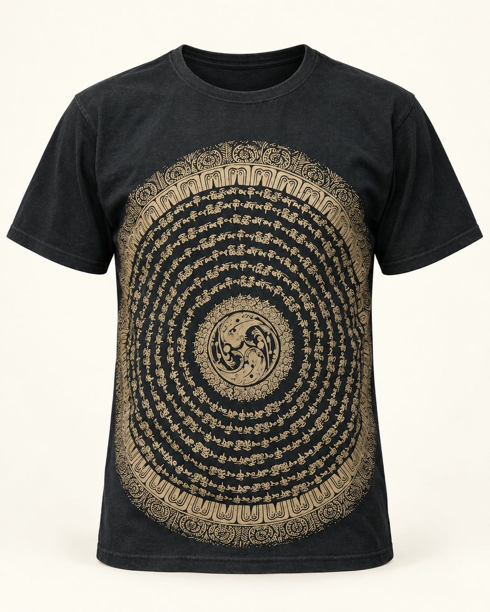 Mandala print tee in black, front view