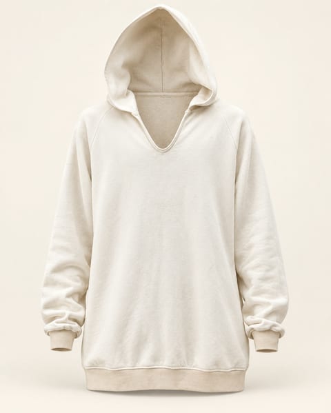 V neck pullover hoodie in ivory, front view