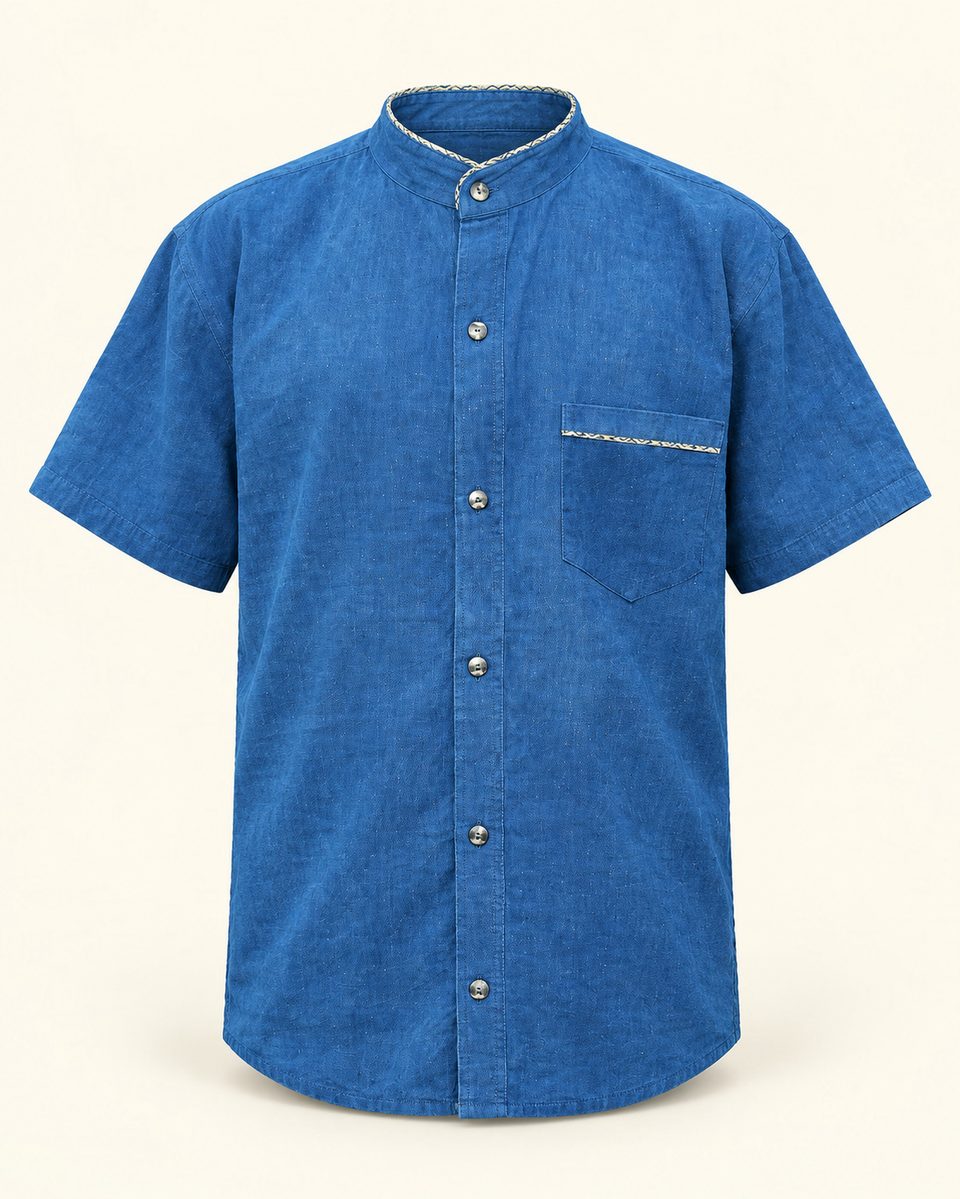 Mandarin collar short sleeve shirt in blue, front view