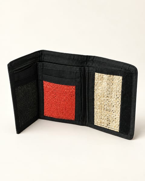 Trifold wallet in black / red / cream, front view, open
