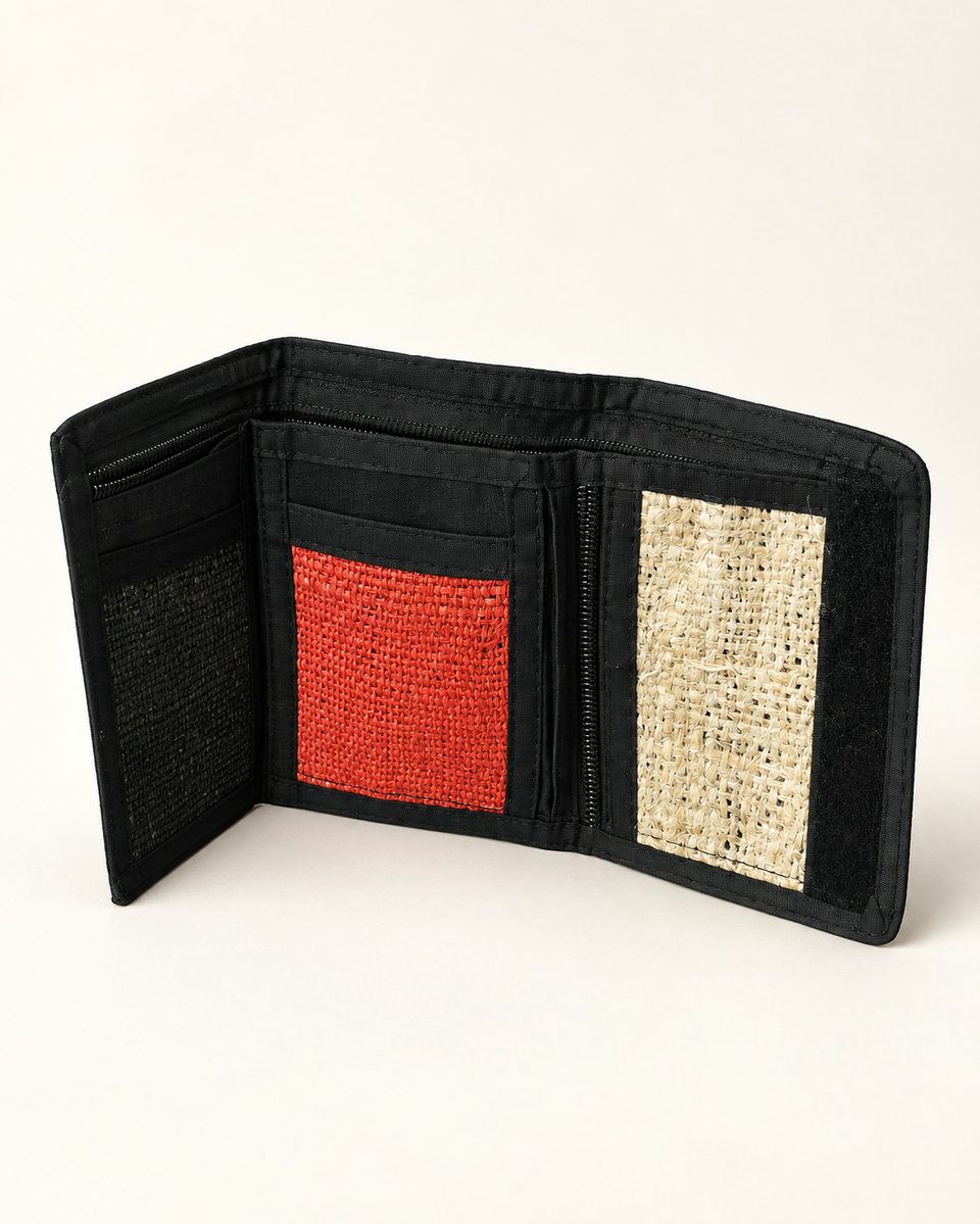 Trifold wallet in black / red / cream, front view, open