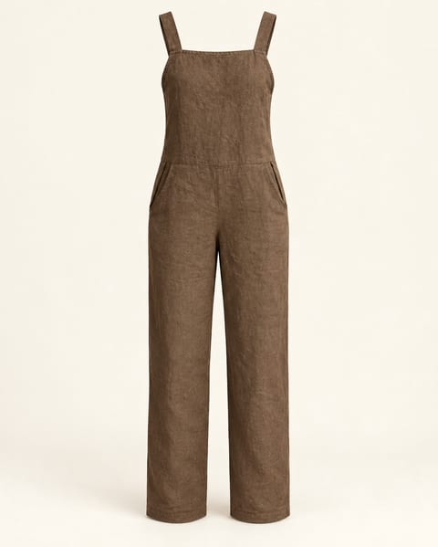 Wide leg overalls in brown, front view