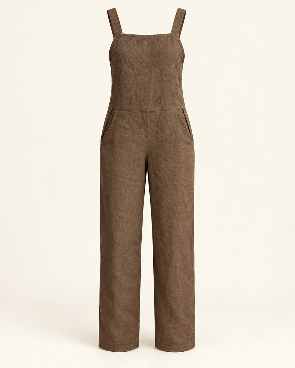 Wide leg overalls in brown, front view