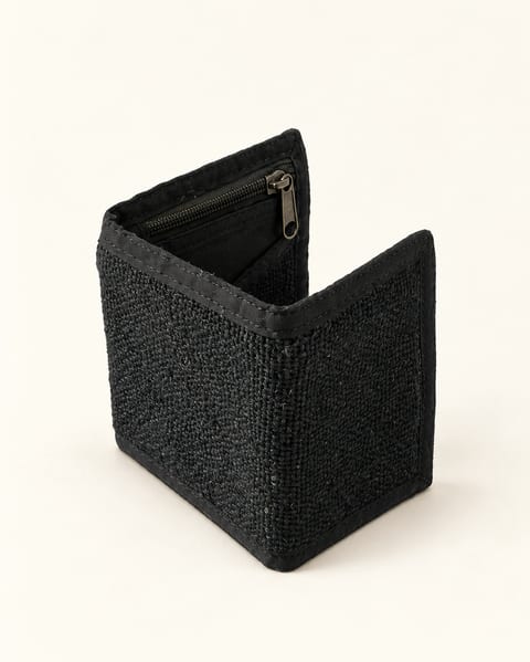Textile bifold wallet in black, front view
