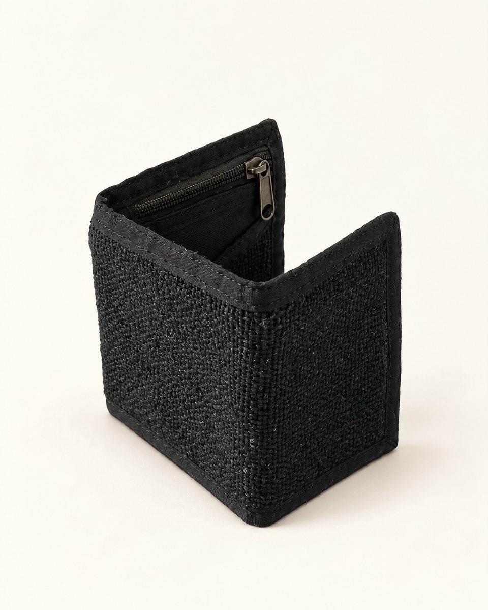 Textile bifold wallet in black, front view