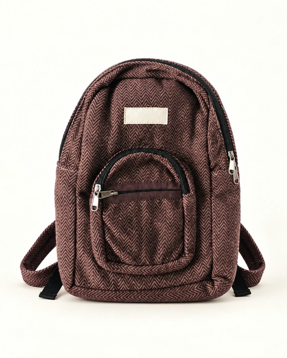 Mini pocket backpack in maroon, front view