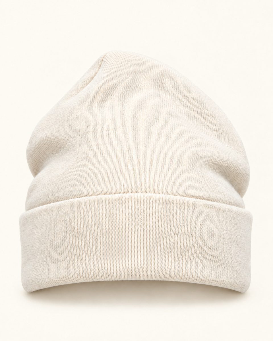 Rib knit folded beanie in ivory, front view