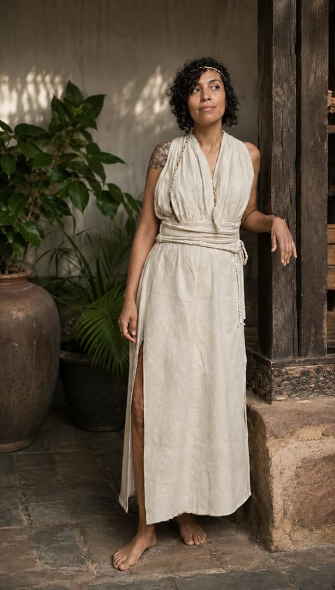 Cream wrap dress with a soft draped bodice