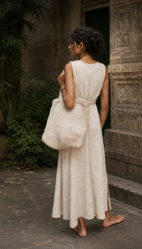 Cream dress styled with a woven shoulder bag