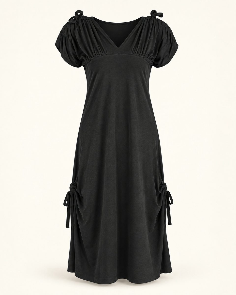 Puff sleeve maxi dress in black, front view