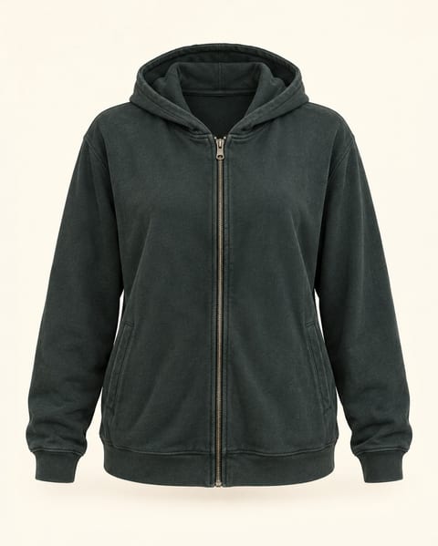 Zip hoodie in charcoal, front view