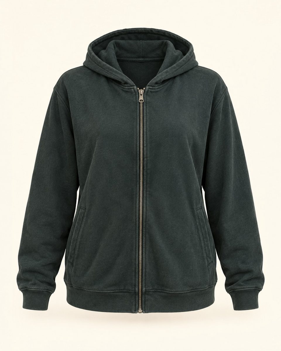 Zip hoodie in charcoal, front view
