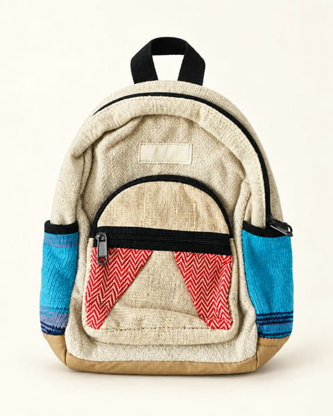 Colorblock backpack in natural / blue / red, front view