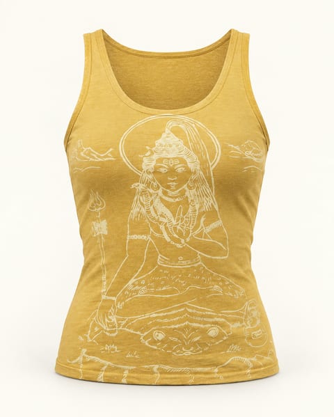 Buddha print tank in mustard, front view