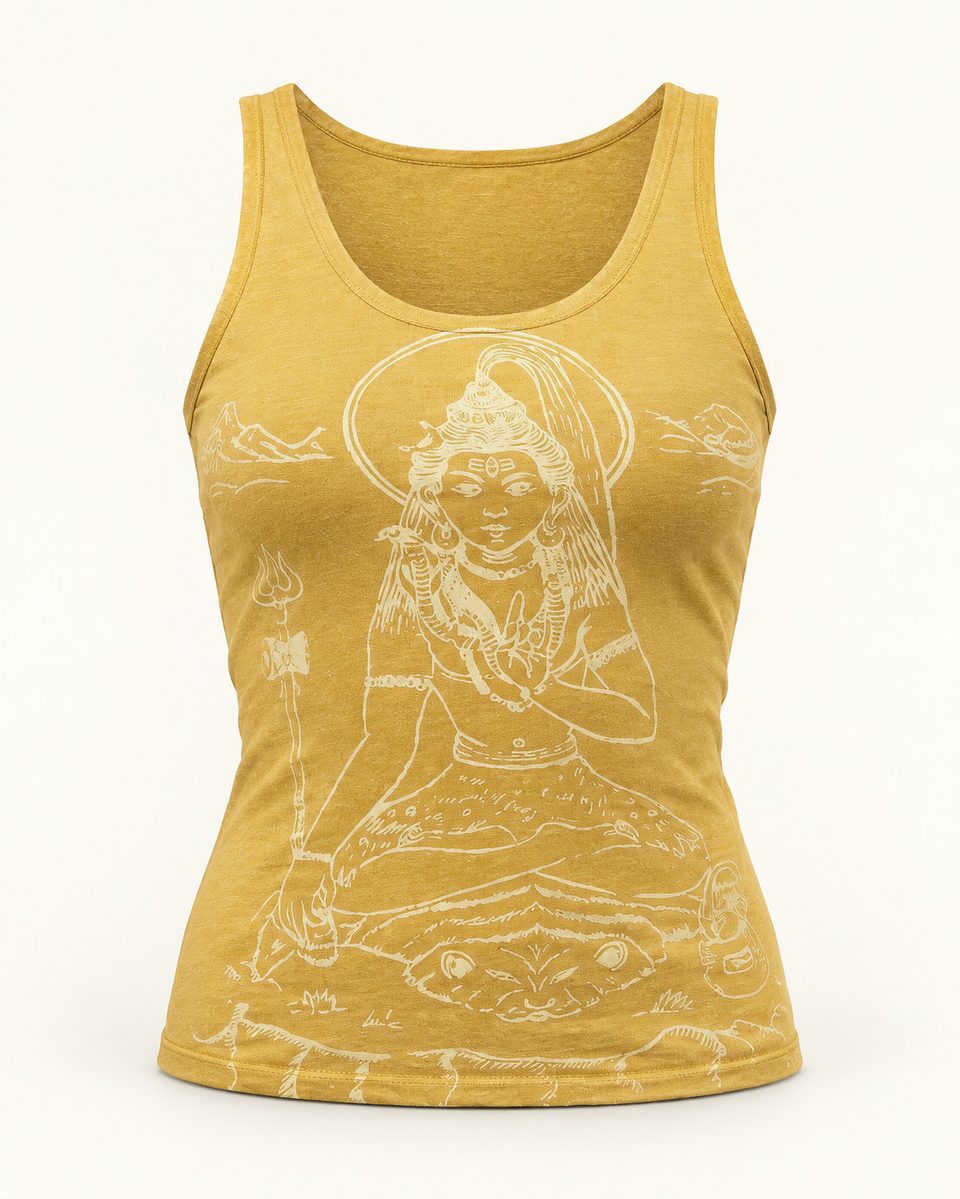 Buddha print tank in mustard, front view