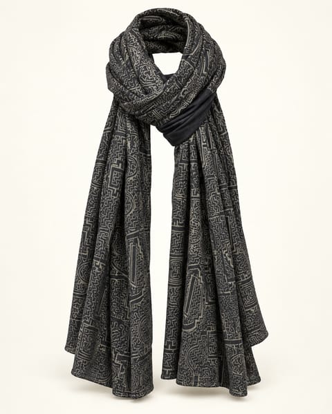 Geometric print scarf in charcoal, front view
