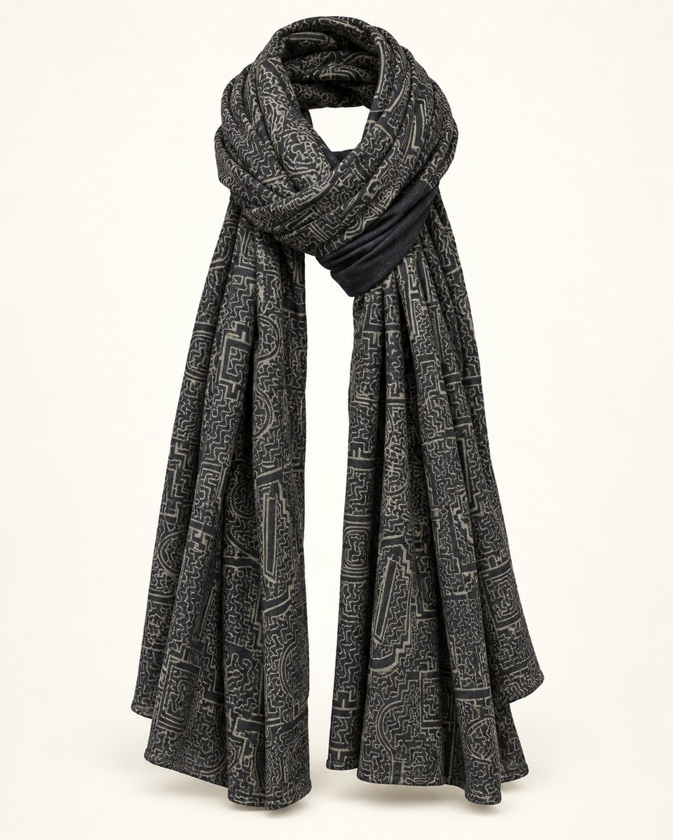 Geometric print scarf in charcoal, front view