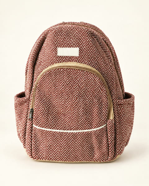 Herringbone front zip backpack in maroon, front view