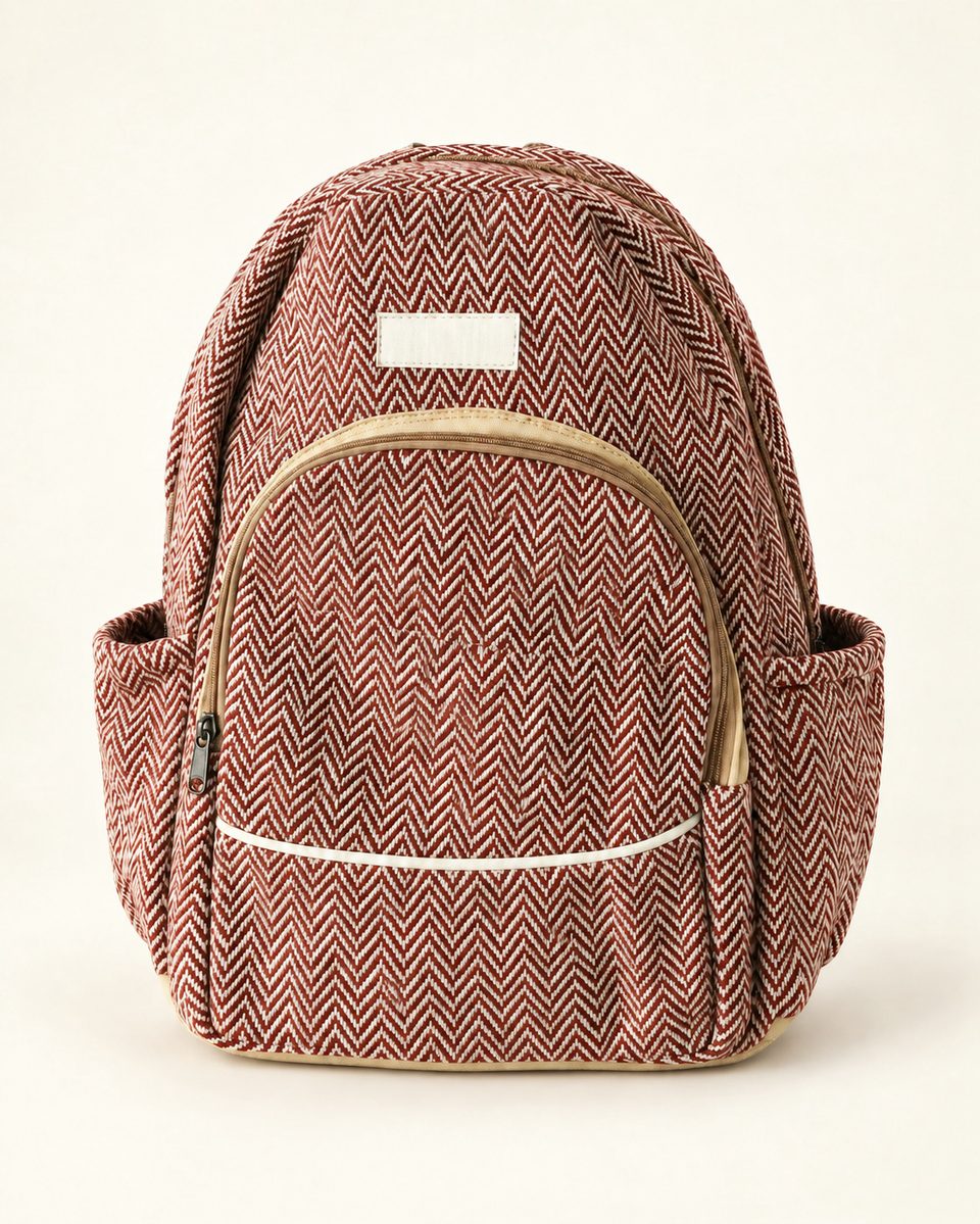 Herringbone front zip backpack in maroon, front view