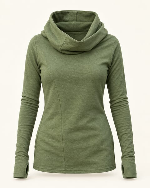 Cowl neck long sleeve top in olive, front view