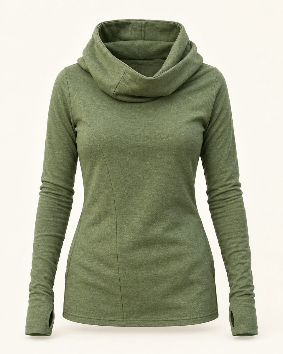 Cowl neck long sleeve top in olive, front view