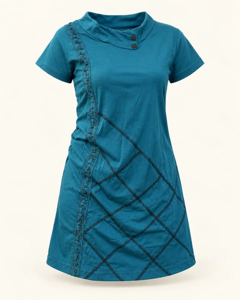 Crisscross short sleeve tunic in teal, front view
