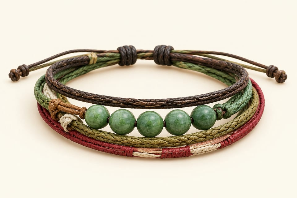 Braided green bead bracelet in multicolor, front view