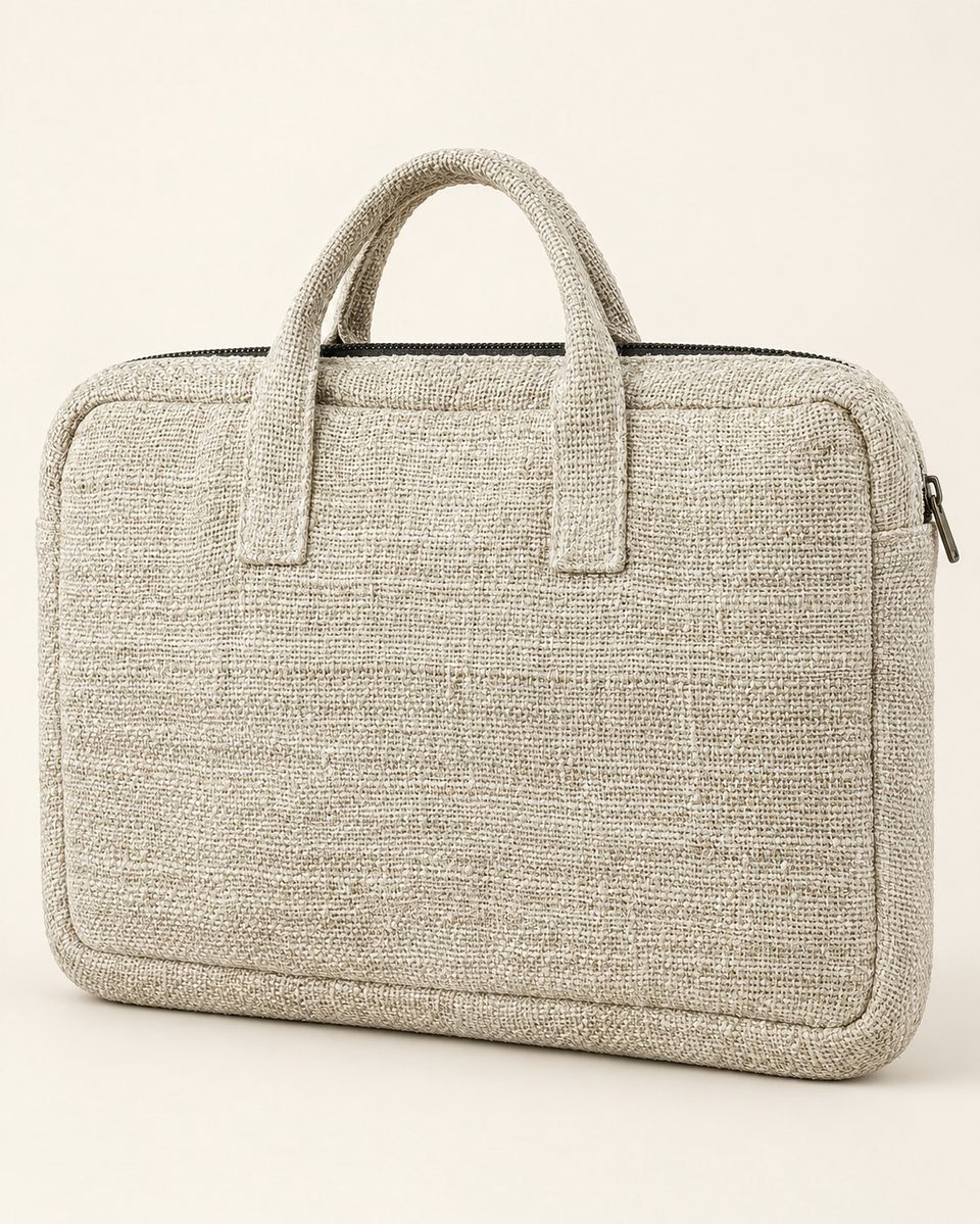 Hemp laptop briefcase in natural, front view