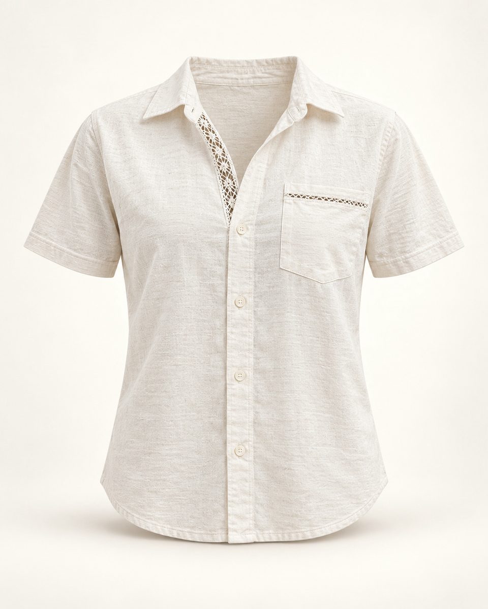 Short sleeve button shirt in ivory, front view
