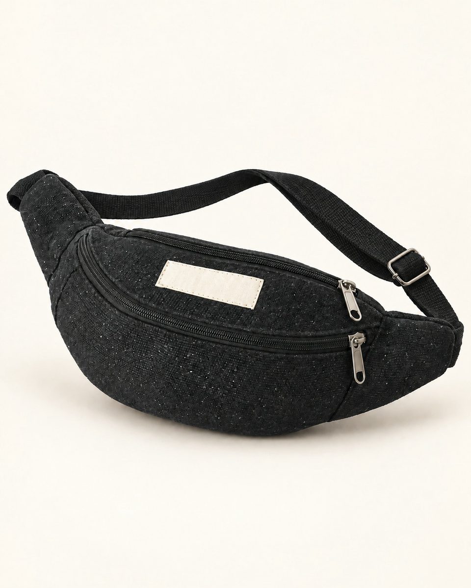 Zip waist bag in black, front view